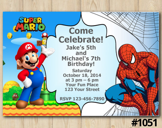 Twin Super Mario and Spiderman Invitation | Personalized Digital Card